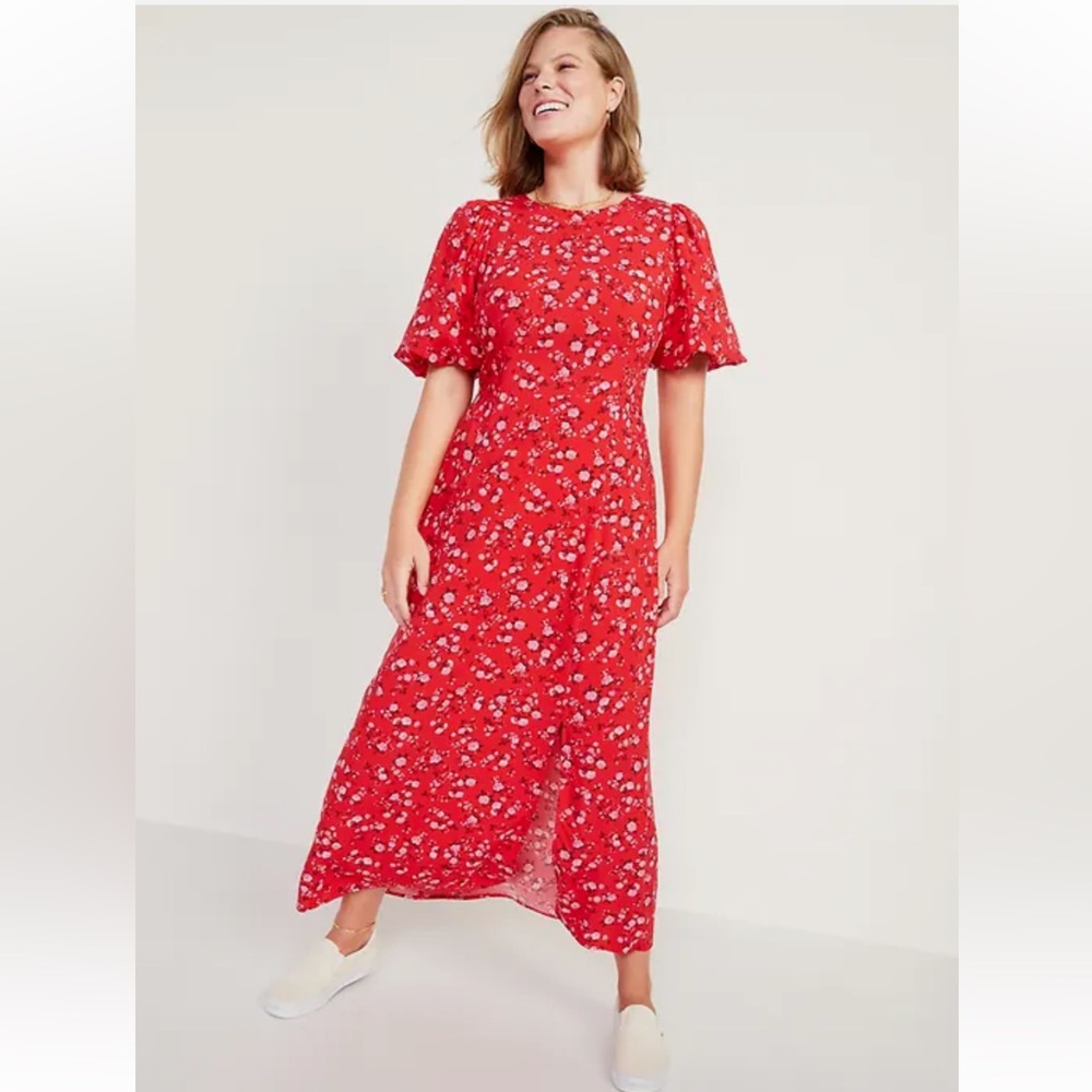 Old Navy Floral Puff Sleeve Red Midi Dress Small